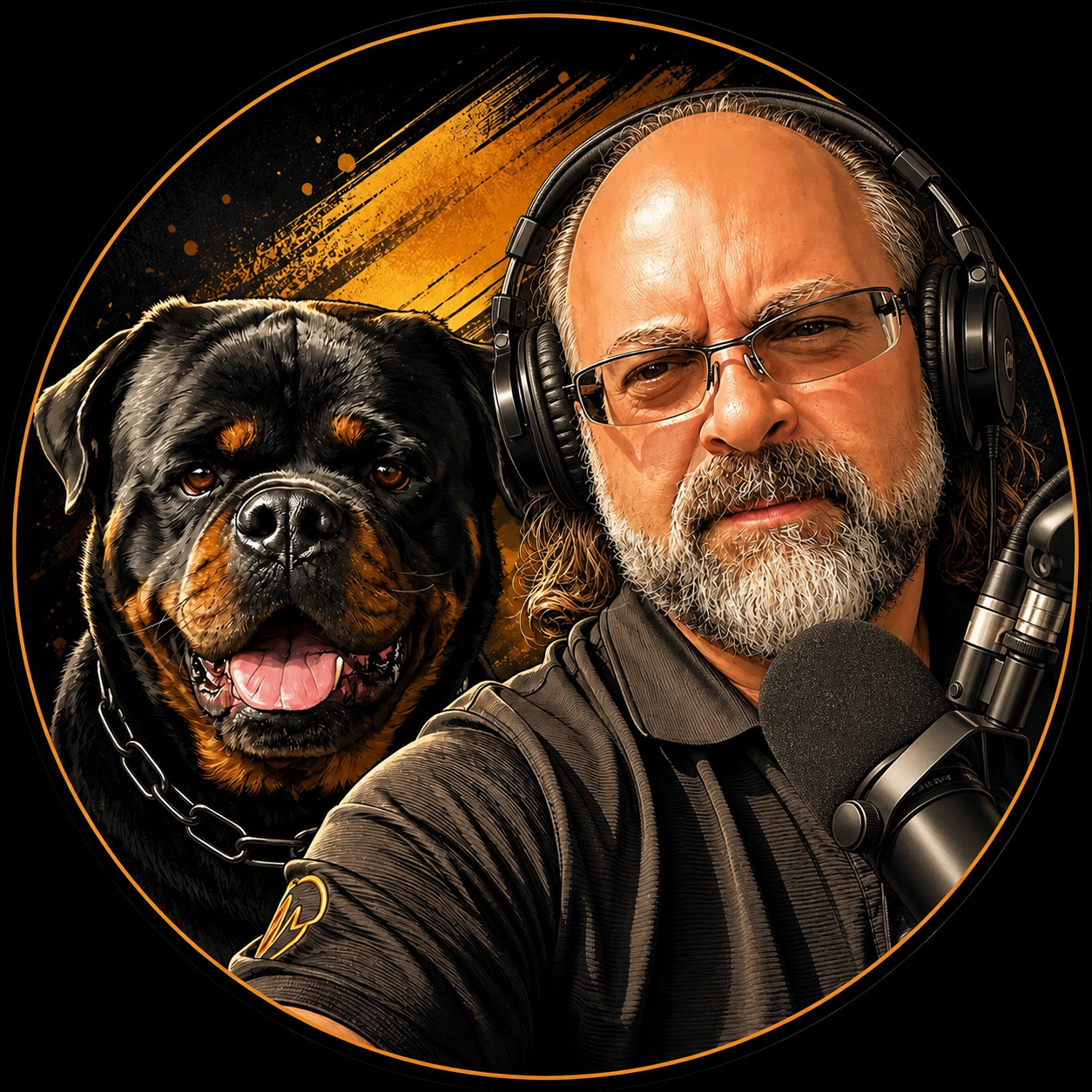 Illustrated portrait of John David wearing broadcast headphones at the microphone.