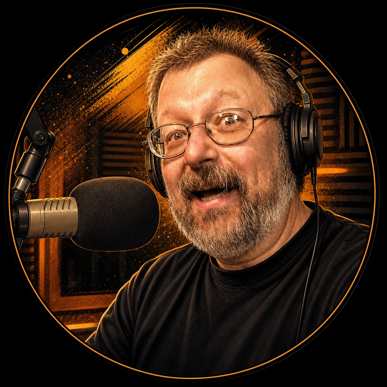 Illustrated portrait of Tod Allen at the radio microphone.